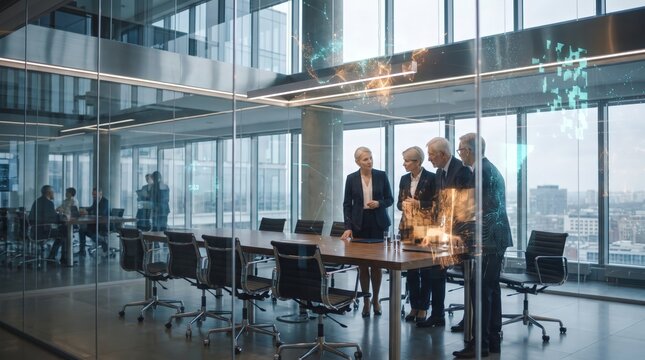 Senior business team viewing technology display