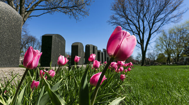 Low-angle view of bright pink tulips blooming beside a long row of dark granite gravestones in a peaceful cemetery, lush green grass and spring flowers extending beneath a clear bl
