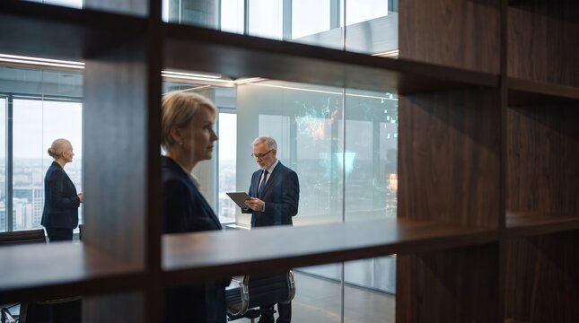 Senior colleagues conferring in glass office