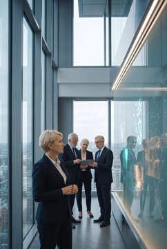 Business leaders discussing technology by glass wall