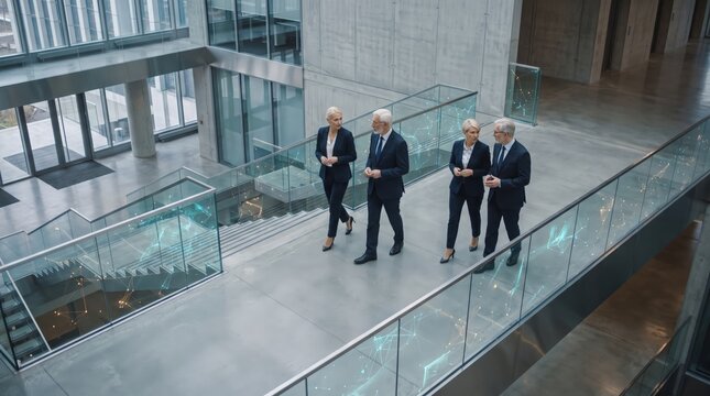 Senior executives crossing corporate atrium