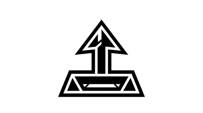 Black and white graphic icon featuring an abstract geometric structure with an upward-pointing arrow design element on a plain background