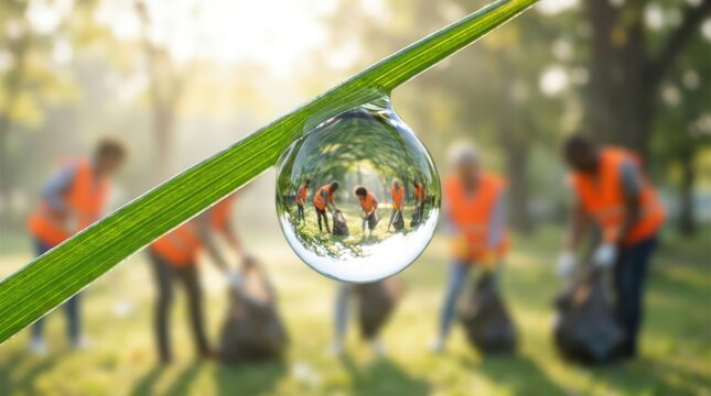 Water drop reflecting volunteers cleaning up public park.