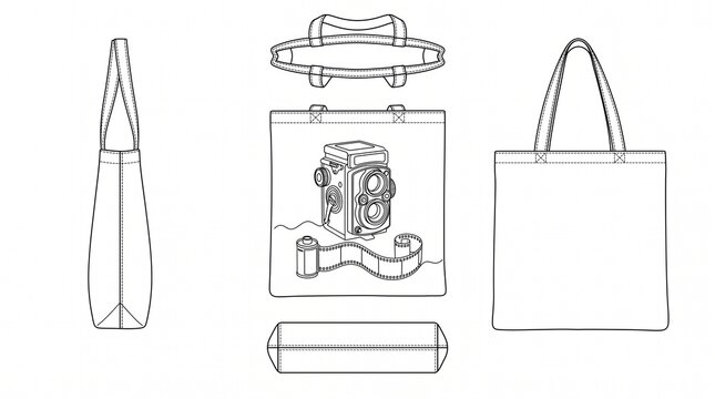 Tote Bag Technical Drawing Template with Vintage Camera Graphic - Vector Illustration Set for Fashion Design