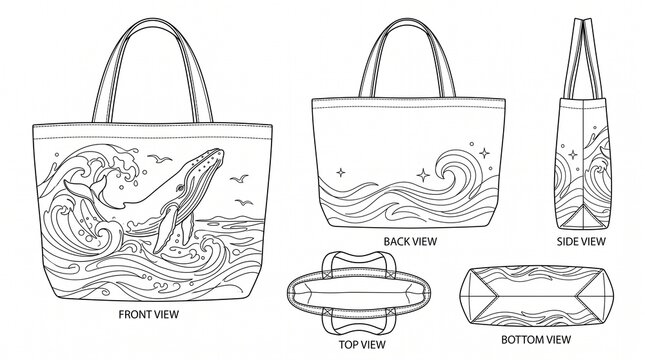 Tote Bag Technical Drawing with Whale and Wave Line Art Illustration, Coloring Page Mockup, Front Back Side Top Bottom Views