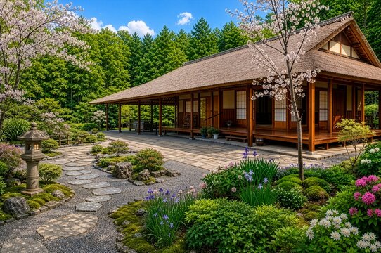 AI-generated　伝統的な茅葺き屋根の邸宅と満開の桜が咲く春の庭園
