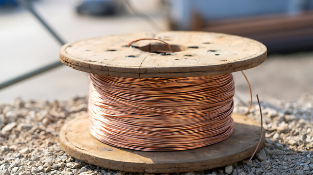 A large wooden spool filled with shiny copper wire cable sits outdoors on a gravel ground at a construction site during daylight hours