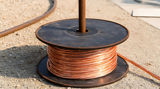 A large industrial spool holding heavy copper wire on a construction site, showcasing metal material ready for electrical installation work