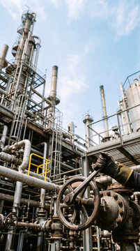 Worker adjusts valve at industrial plant during sunset with smoke stacks