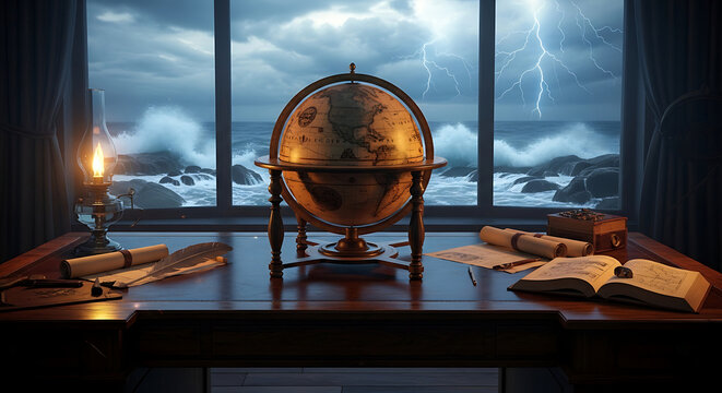 A vintage globe sits on a wooden desk before a window overlooking stormy seas with stormy ocean lightning