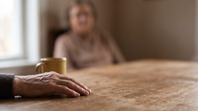 Elderly person hand resting on a wooden table with a ceramic mug and another person blurred in the background