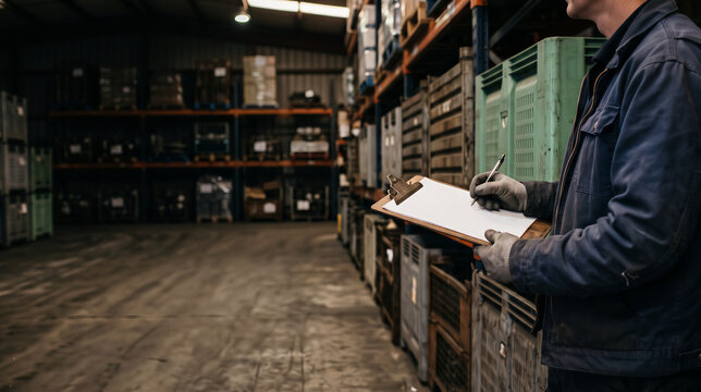 Worker in a warehouse with barrels and shelves