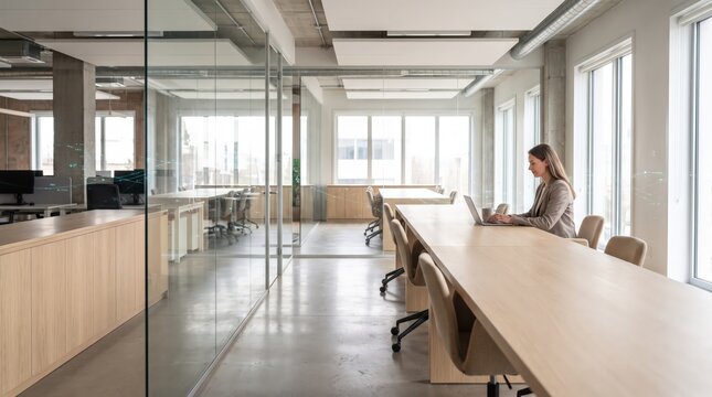 Woman working alone in open office