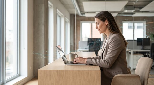 Businesswoman working on laptop by window