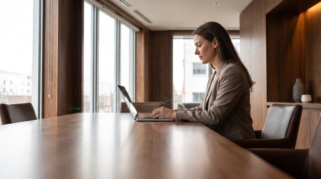 Woman using laptop in conference room