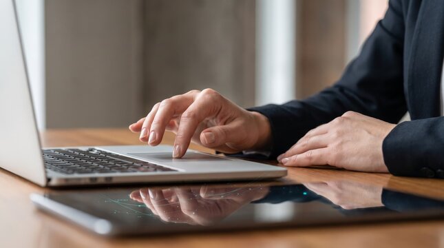 Hands typing on business laptop