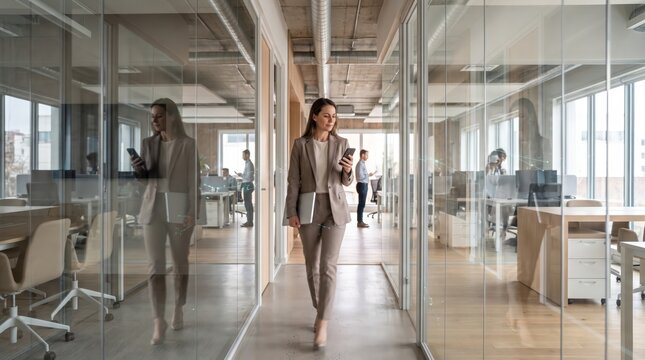 Woman walking through glass office