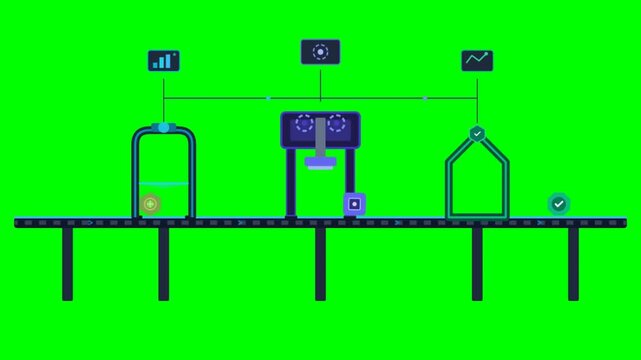 Automated industrial assembly line processing geometric shapes with digital charts