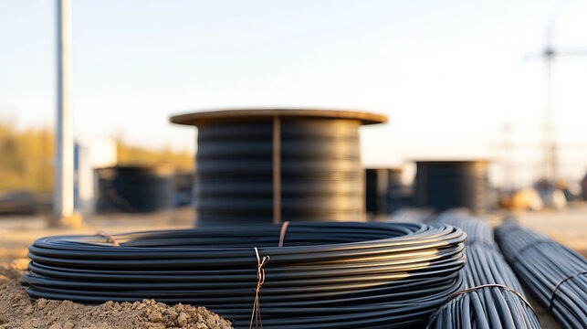 Large plastic pipe coils and wooden cable drums stored on a construction site with industrial equipment under bright daylight sky backdrop