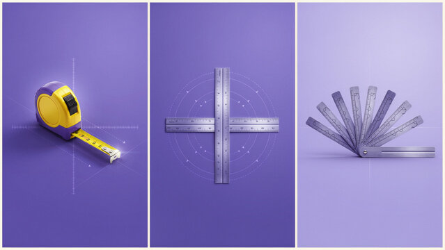 Measuring tools including tape measure, metal ruler, and feeler gauge on purple background