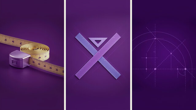 Purple composition featuring a measuring tape, geometric shapes, and technical drafting