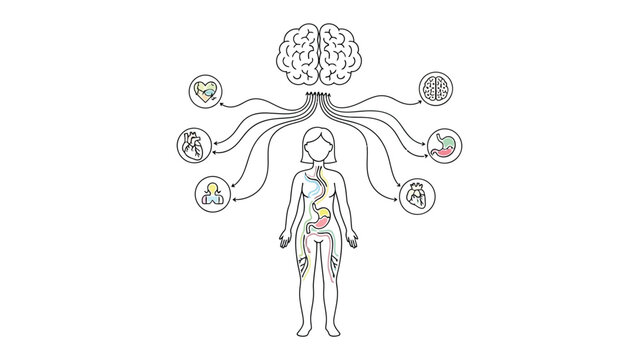 The Brain-Body Connection: An illustrative diagram showing the interconnectedness between the human brain and various bodily systems, including digestive and nervous functions.