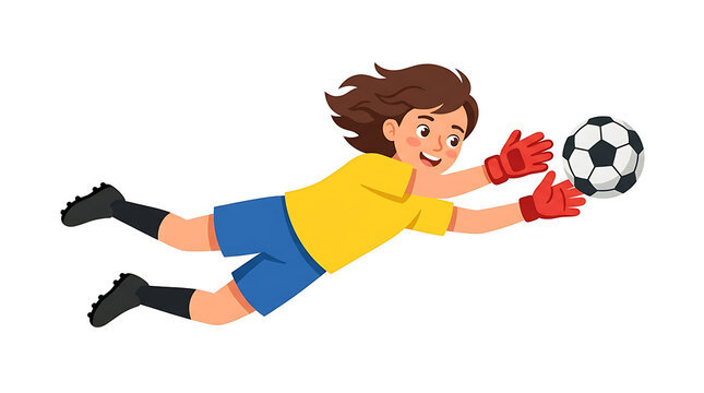 Young female soccer goalkeeper diving to catch the ball in a match action illustration