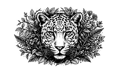 Fototapeta premium Leopard Head Botanical Emblem with Flowers and Tropical Leaves Vector Art