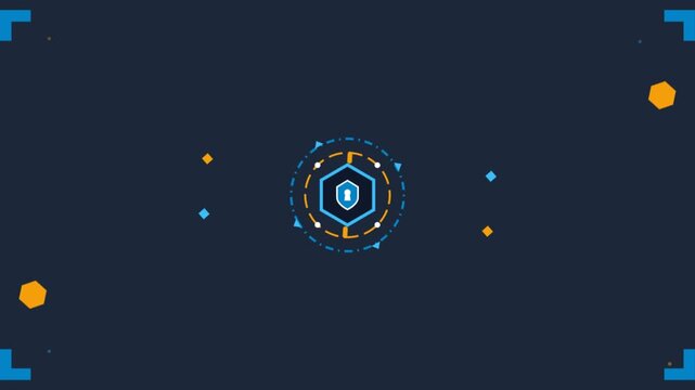 Futuristic shield icon with cyber security HUD animation on dark blue background