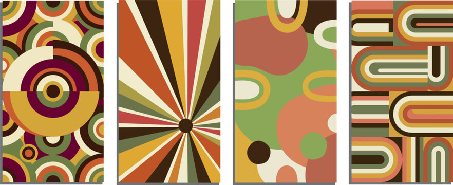 Set of four retro geometric abstract patterns with circles and lines in warm earth tone colors