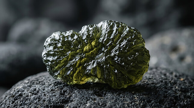 Raw green Moldavite tektite crystal stone resting on dark volcanic rock background
