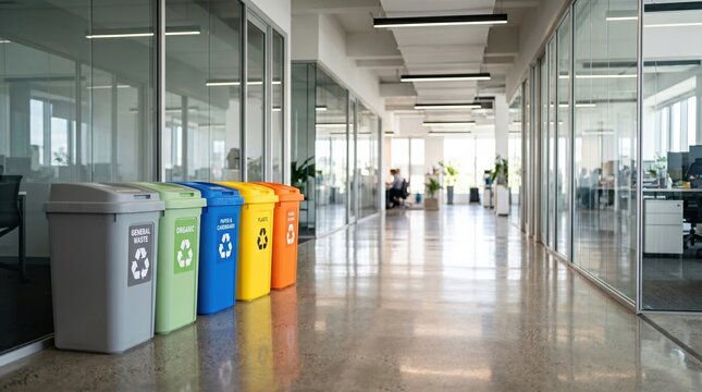 Row of colorful recycling bins in a modern office hallway with recycling sustainability environment management