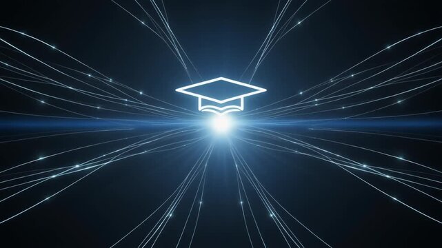 Glowing Graduation Cap Icon Blue Light Rays Education Success Background