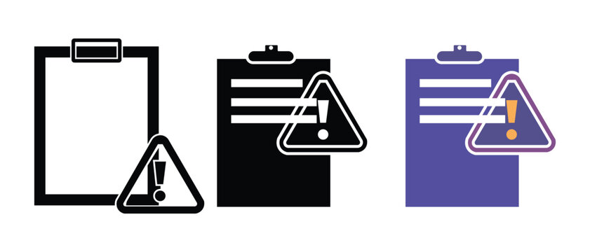 Clipboard icon with warning sign. Set includes outline black and color versions. Illustration shows alert symbol, danger notice, caution, notification, and help icon. Collection of modern graphics.