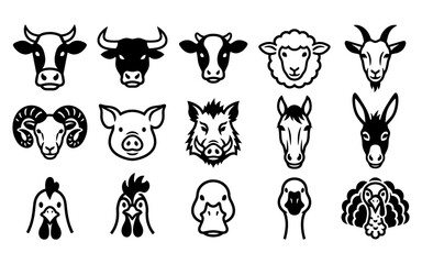 Obraz premium Collection of black and white animal head illustrations featuring farm and livestock creatures