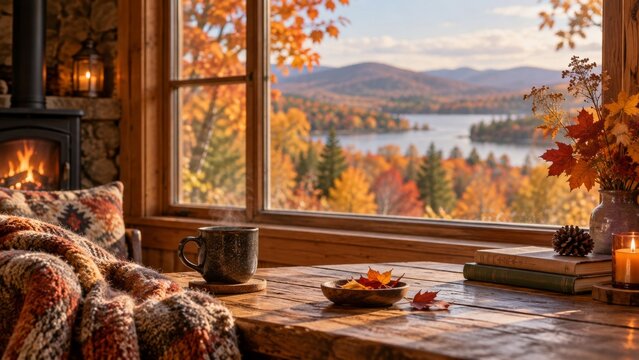 Cozy cabin interior with coffee books and autumn lake view