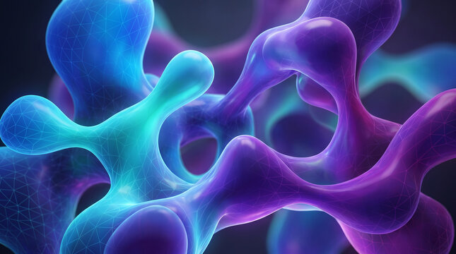 Abstract biological cell shapes, vibrant blue and purple fluid blobs with digital mesh, futuristic organic forms, scientific molecular structure, cellular background.