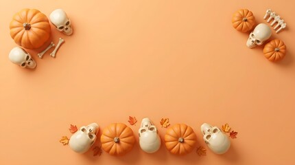 Fototapeta premium Flat lay composition of small pumpkins and human skulls on a solid orange background for halloween