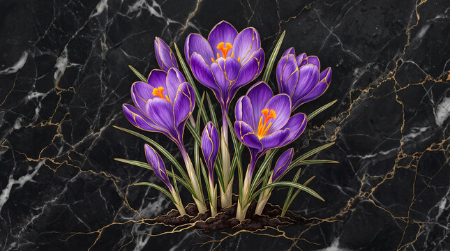 Vibrant purple crocus flowers bloom elegantly against a luxurious black marble background with golden veining details