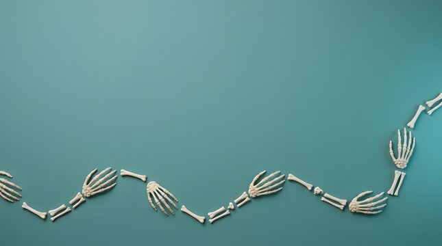 A chain of metallic human skeleton hands linked together against a solid teal background