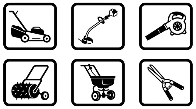 Lawn care and gardening equipment icon collection displaying a lawn mower, string trimmer, leaf blower, aerator, spreader, and hedge shears.
