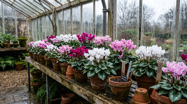 Vibrant cyclamen flowers bloom beautifully inside an old rustic glass greenhouse during a cloudy spring day