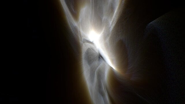 Luminous abstract visual, consists of translucent flowing layered structures against dark background.
