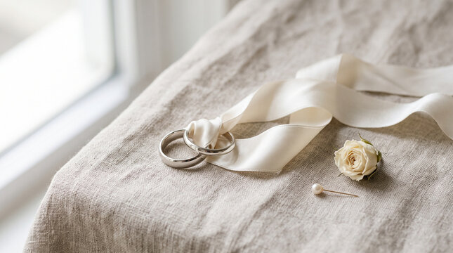 Two silver wedding rings with silk ribbon and rose bud on linen fabric near window