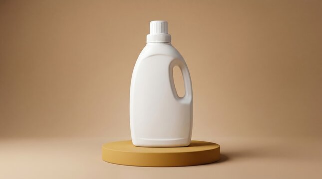 White plastic detergent bottle on a textured brown pedestal with detergent container packaging sanitizer household