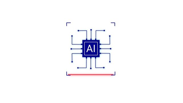 Animated blue AI microchip processor icon with red scanning line