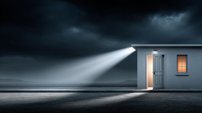 Mysterious light shines from an open door in a dark setting
