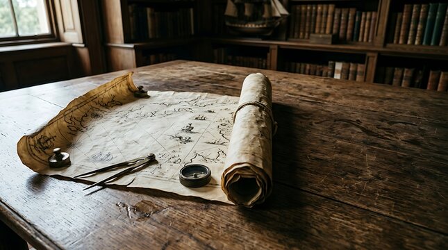 Vintage nautical map and navigation tools on wooden table
