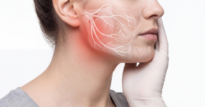 Trigeminal neuralgia facial nerve pain concept with medical illustration on patient cheek