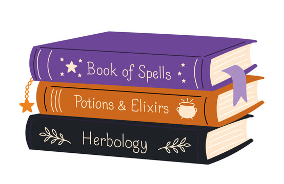 Stack of magic books Book of Spells, Potions and Elixirs, Herbology. Fantasy witchcraft vector illustration for Halloween, mystical decor, and magical design projects.